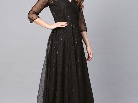 Ahalyaa Black Star Foil Print Angrakha Anarkali Kurta Online Sale