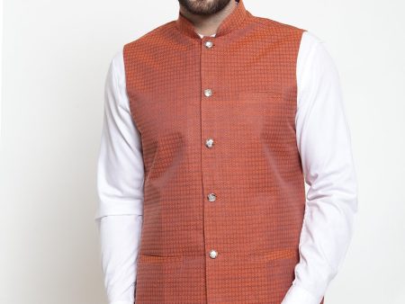 Jompers Men Orange Woven Design Nehru Jacket Fashion