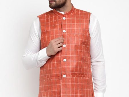 Jompers Men Peach Checked Nehru Jacket Online Sale