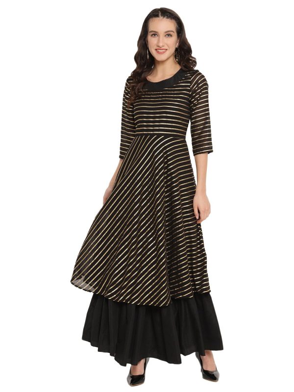 Ahalyaa Black & Golden Striped Layered Maxi Dress Supply