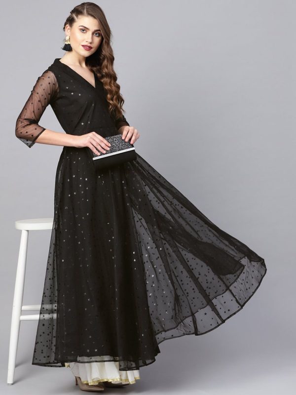 Ahalyaa Black Star Foil Print Angrakha Anarkali Kurta Online Sale