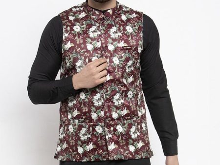 Jompers Men Maroon Printed Satin Nehru Jacket Online