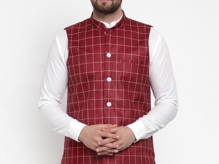 Jompers Men Maroon Checked Nehru Jacket Discount