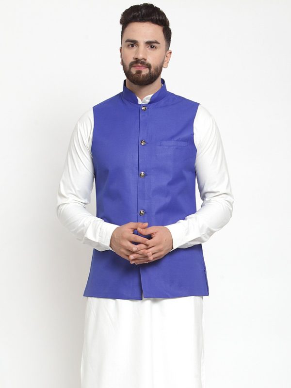 Jompers Men Royal-Blue Solid Nehru Jacket Online