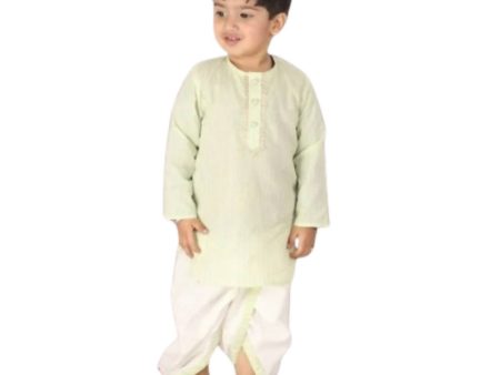 Little Bansi Boys Green and Cream Color Golden Striped Kurta and Dhoti For Cheap