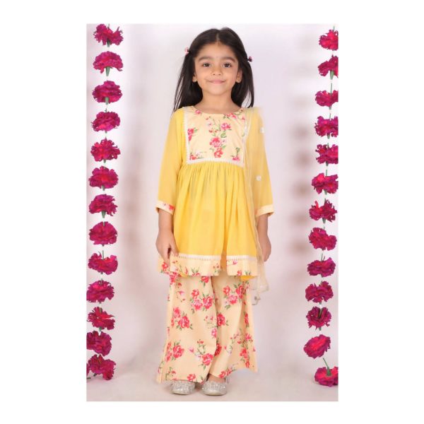 Little Bansi Girls Rose print Kurta Frock with Floral Plazzo and Dupatta - Yellow Online now