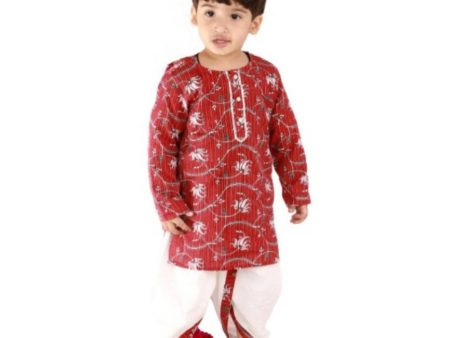 Little Bansi Boys Brown and White Color Bengali Kantha work floral kurta & Dhoti For Sale