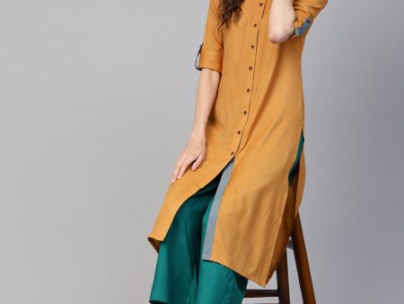 Jompers Women Mustard Woven Design Straight Rayon Kurta Online Hot Sale