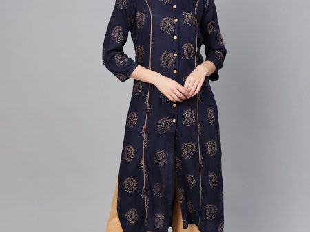 Jompers Women Navy Blue & Golden Printed Straight Kurta For Cheap