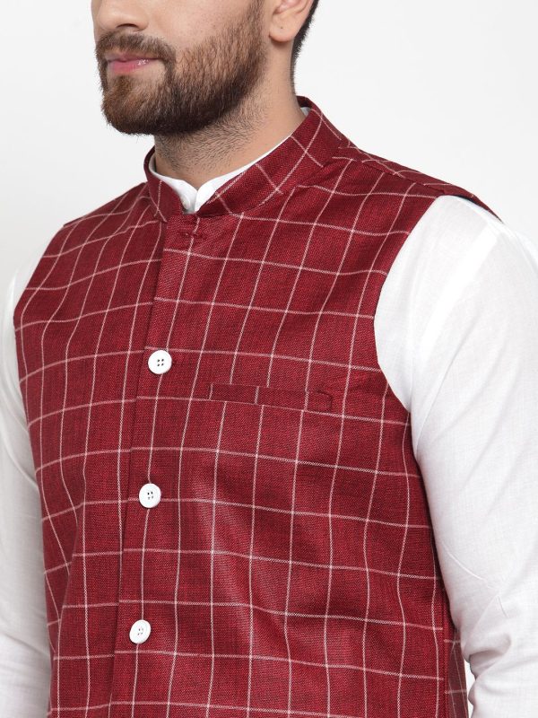 Jompers Men Maroon Checked Nehru Jacket Discount