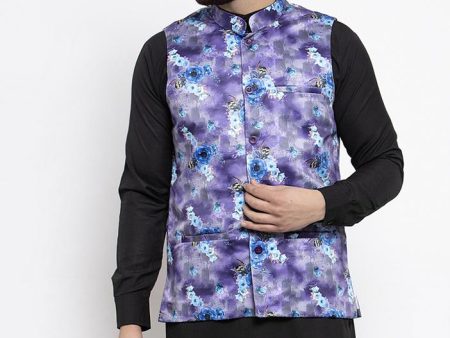 Jompers Men Violet Printed Satin Nehru Jacket Online