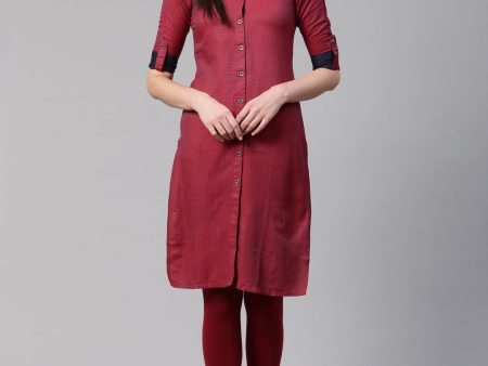 Jompers Women Maroon & Blue Jacquard Woven Design Straight Kurta For Sale