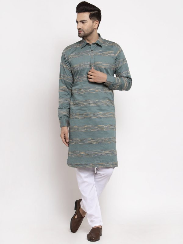 Jompers Men Green And White Woven Design Kurta with Pyjamas Cheap