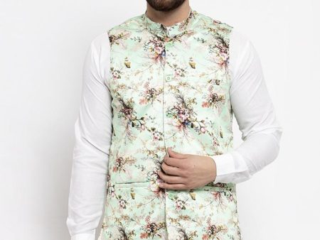 Jompers Men Lime-Green Printed Satin Nehru Jacket Sale