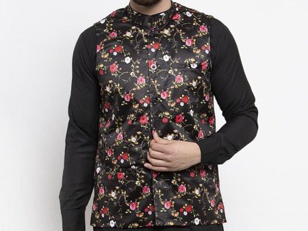 Jompers Men Black Printed Satin Nehru Jacket Sale