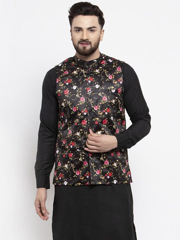 Jompers Men Black Printed Satin Nehru Jacket Sale