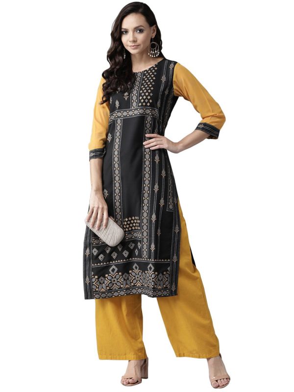 Ahalyaa Black & Grey Screen Print Straight Kurta For Sale