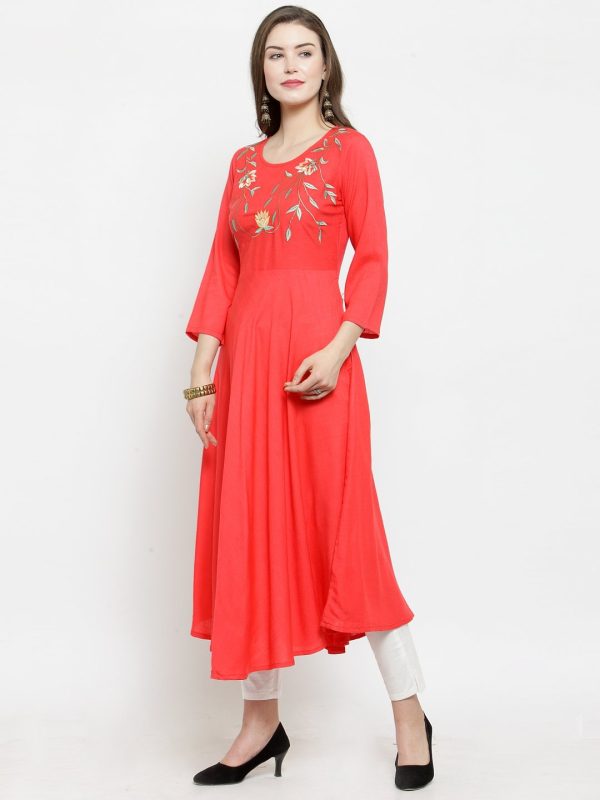 Jompers Women Peach embroidered Flaired Kurta Hot on Sale