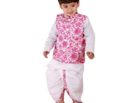 Little Bansi Boys Pink and White Color Bengali Kantha work floral Jacket with Kurta and Dhoti Supply