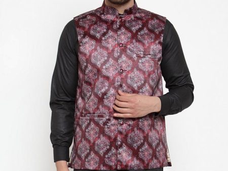 Jompers Men Printed Maroon Satin Nehru Jacket Hot on Sale