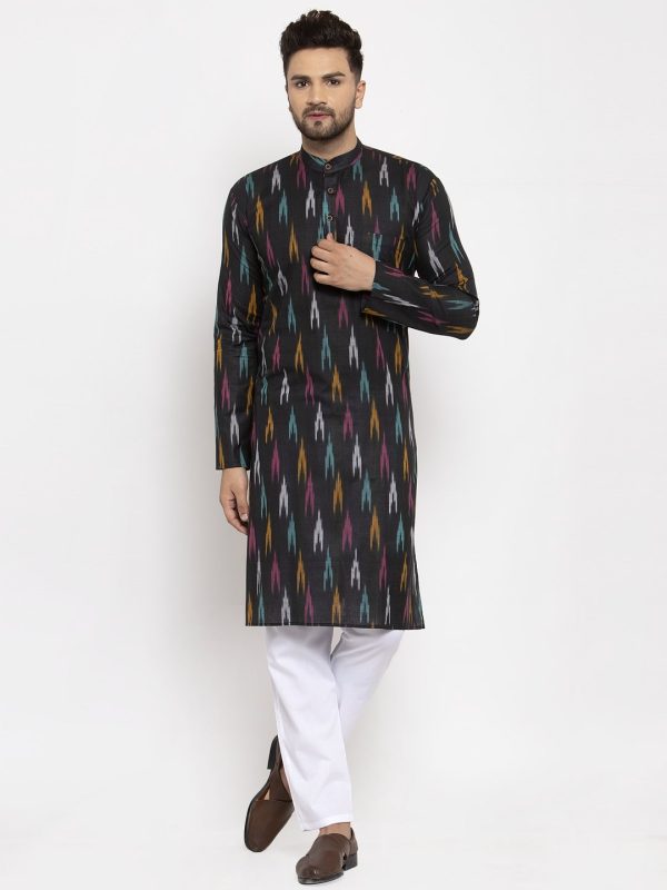 Jompers Men Black Woven Design Ikkat Straight Kurta Only Hot on Sale