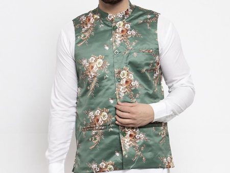 Jompers Men Green & Brown Printed Satin Nehru Jacket Online Sale