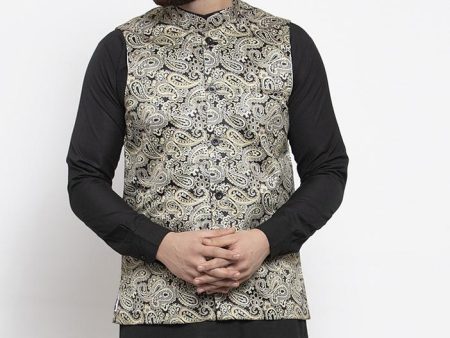 Jompers Men Golden Printed Satin Nehru Jacket Hot on Sale