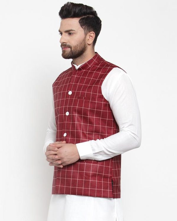 Jompers Men Maroon Checked Nehru Jacket Discount