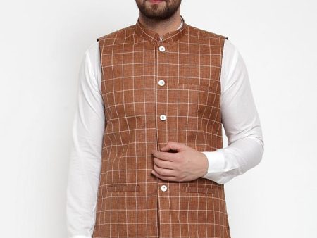 Jompers Men Brown Checked Nehru Jacket Online