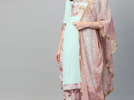 Ahalyaa Women Sea Green & Pink Printed Straight Kurta with Palazzos & Dupatta Online Sale