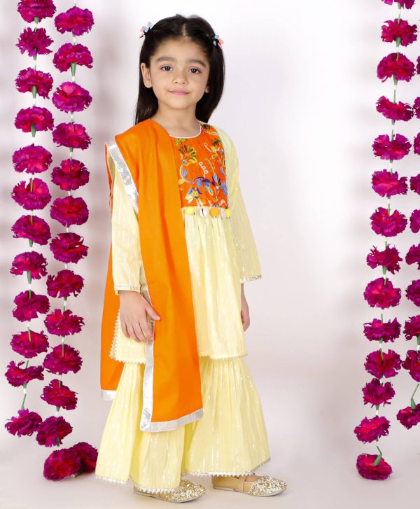 Little Bansi Girls Yellow & Orange Color Mirror work Kurta frock with Sharara & Dupatta Supply