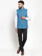 Jompers Men Turquoise Blue Woven Design Nehru Jacket Discount