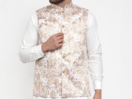 Jompers Men Beige Printed Satin Nehru Jacket on Sale