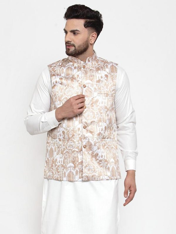 Jompers Men Beige Printed Satin Nehru Jacket on Sale