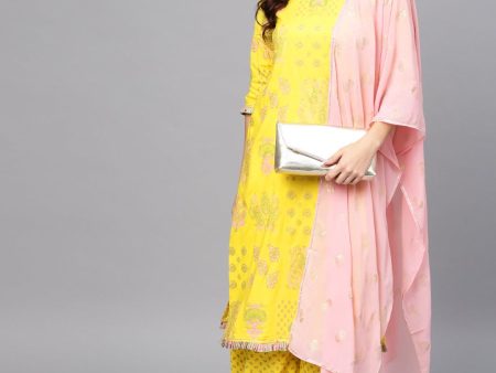 Ahalyaa Women Yellow & Pink Printed Kurta with Palazzos & Dupatta Sale