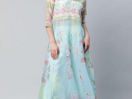 Ahalyaa Women Sea Green Organza Romantic Florals Kurta Palazzo Set Online Hot Sale