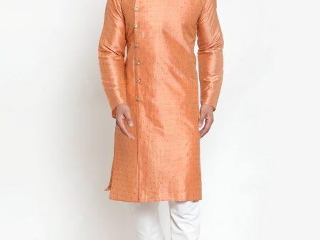 Jompers Men Peach & Golden Self Design Kurta with Churidar Sale