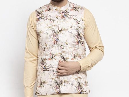 Jompers Men Cream Printed Satin Nehru Jacket Online