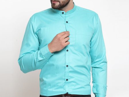 Jainish Green Men s Cotton Solid Mandarin Collar Formal Shirts ( SF 726Aqua ) Online now