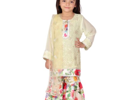 Little Bansi Girls Green & yellow Embrodiery Kurta with Floral Sharara Online now