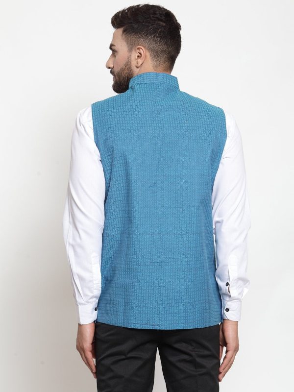 Jompers Men Turquoise Blue Woven Design Nehru Jacket Discount