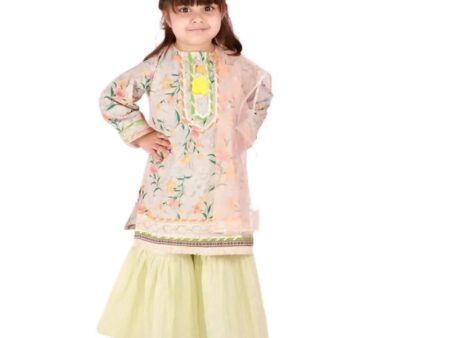 Little Bansi Girls Green Color Floral and lace Work Kurta with Sharara and Dupatta Fashion