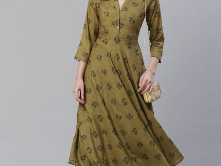 Jompers Women Olive & Black Floral Printed A-Line Kurta Discount