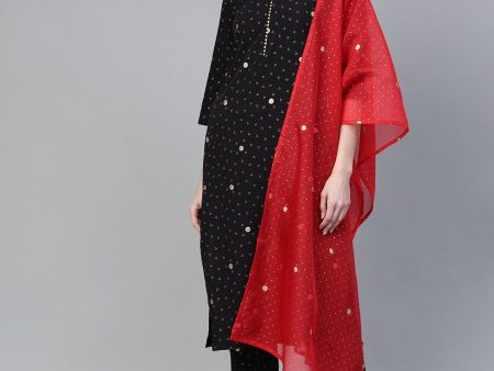 Ahalyaa Black & Pink Bandhani Khari Printed Kurta with Trousers & Dupatta Sale