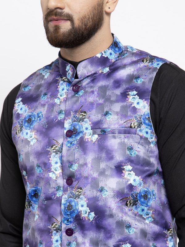 Jompers Men Violet Printed Satin Nehru Jacket Online