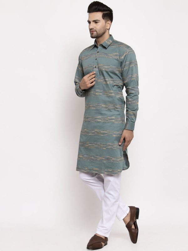 Jompers Men Green And White Woven Design Kurta with Pyjamas Cheap