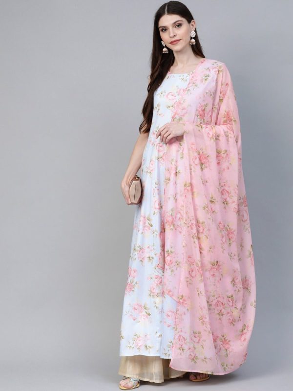 Ahalyaa Blue & Pink Floral Printed Anarkali Kurta with Dupatta For Sale