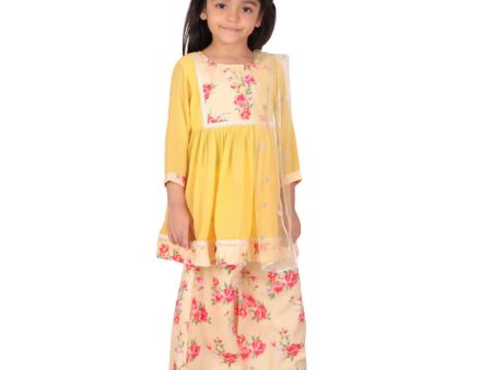 Little Bansi Girls Rose print Kurta Frock with Floral Plazzo and Dupatta - Yellow Online now