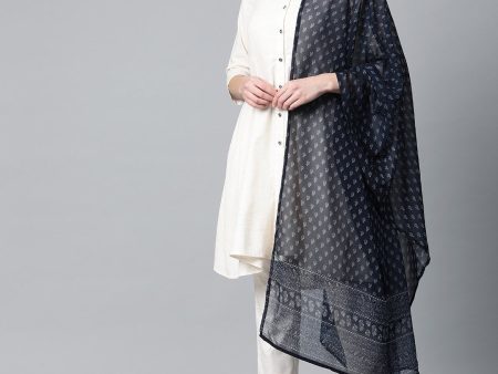 Jompers Women Off-White & Navy Blue Solid Kurta with Trousers & Dupatta For Sale