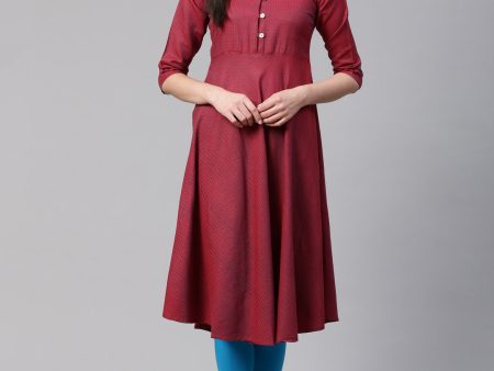 Jompers Women Maroon Woven Design Jacquard Weave A-Line Kurta Sale